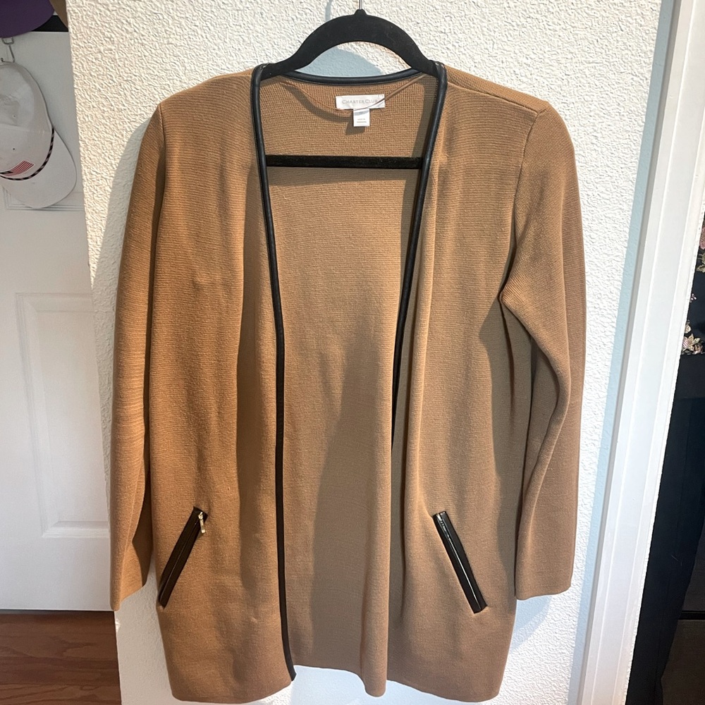 Long tan cardigan with leather accents and trim
